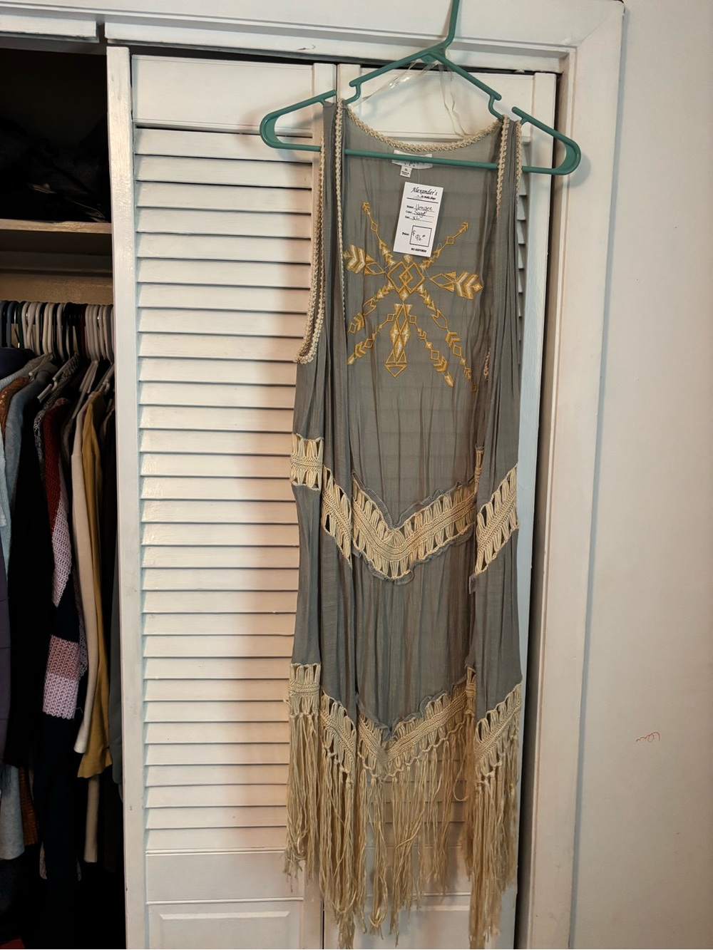 Umgee Sage Duster Vest with Cream Fringe & Embroidered Gold Accent